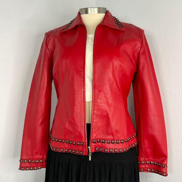 St. John Sport Red Leather Jacket Blazer Grommet Detailing Size Large - Picture 2 of 15